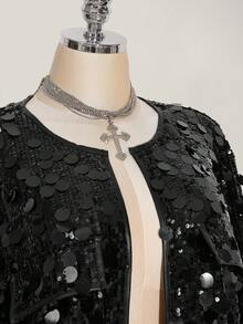 SHEIN ICON Plus Size Shiny Silver Sequin Round Neck Versatile Short Jacket, Party Wear In Fall/Winter - Black - View 6