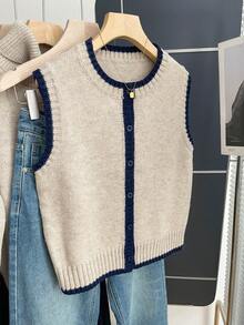 Franclia French Retro Loose Round Neck Sleeveless Contrast Trim Khaki Women Sweater Vest, Suitable For Autumn/Winter Women Outfits