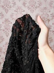 SHEIN ICON Plus Size Black Autumn Elegant Formal Evening Wedding Guest Mini Dress,Y2K Floral Textured Off-Shoulder Flared Sleeve Slim Fit Ruffled Hemline - Black - View 8