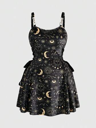 Goth Abito aderente in velluto con stampa sole e luna, design con lacci, per taglie forti donna
