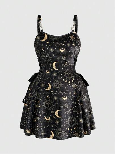 Goth Plus Size Punk Sun & Moon Velvet Print Lace-Up Design Bodycon Dress For Women