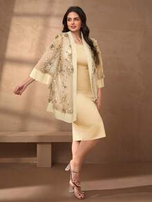 Chikora Bộ đồ 2 món cỡ lớn cho nữ, áo cardigan thêu màu trắng thanh lịch và chân váy maxi 2 mảnh, phù hợp mặc thường ngày, đi làm và đi chơi - Màu be - Xem 3