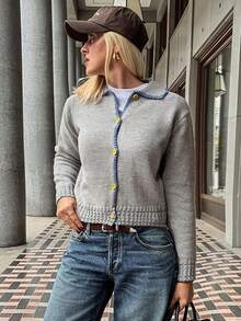 Vivie Lora Women's Loose Fit Contrast Color Cardigan - Grey - View 6