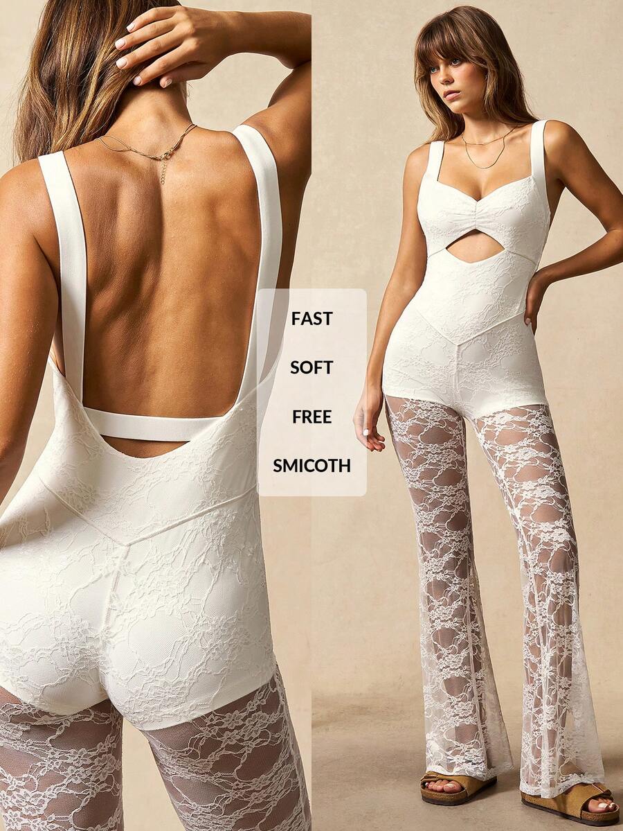 VARSIVA 女式性感撞色蕾丝镂空运动连体裤，夏季 - 白色 - 查看 1