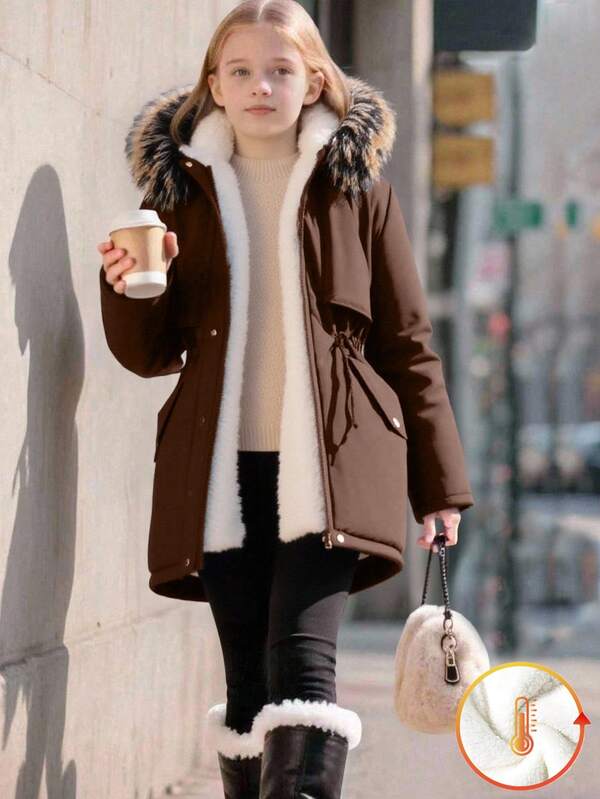 Tween Girl Detachable Faux Fur Collar Cinched Waist Parka Coat With Large Pockets, Suitable For Casual, Commute, School, Autumn/Winter