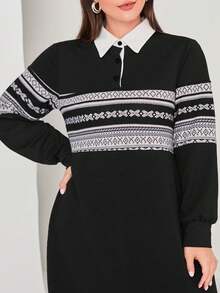 Modelyn 大码女式印花拼接纯色针织连衣裙 - 黑色 - 查看 5