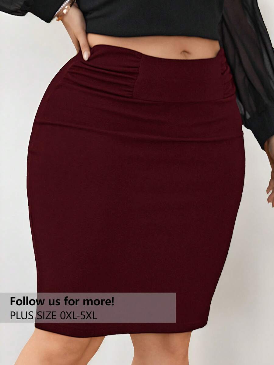 Firerie Falda tubo elegante con pliegues de unicolor para mujer de talla grande - Burdeos - Ver 1