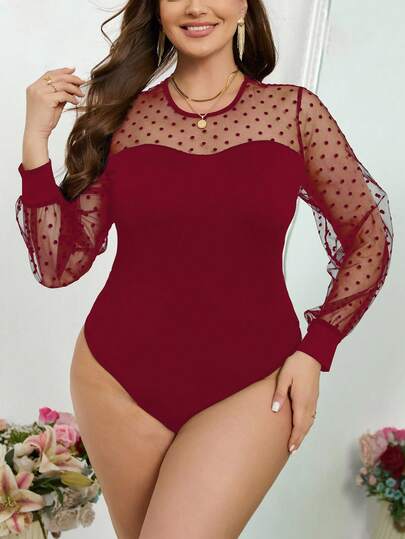 SHEIN Privé Plus Size Women Flocked Polka Dot Mesh Round Neck Long Sleeve Bodysuit