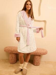 Aralina Women's Reversible Plaid & Ditsy Floral Fluffy Cozy Robe, Autumn/Winter - Pink - View 10