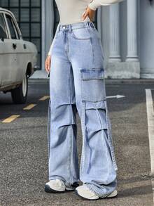 SHEIN Tall 女士休闲水洗阔腿工装牛仔裤 - 藍色 - 查看 4