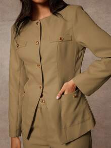 SHEIN Glamour Conjunto de dos piezas para mujer: chaqueta de cuello redondo, manga larga, de un solo botonadura y pantalones; traje casual de negocios; conjunto de dos piezas casual de negocios para mujer; traje de oficina para mujer; traje profesional para mujer - Marrón - Ver 5