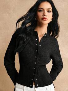 Elaquor Áo khoác cardigan thắt eo cài nút phía trước cỡ lớn thường ngày - màu đen - Xem 7