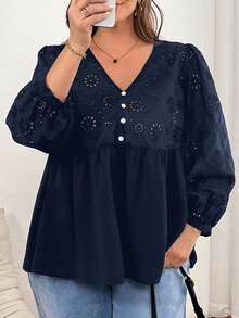 CosyJoli Plus Size Women Spring And Summer Fashion Casual Loose Daily Comfortable Eyelet Embroidery Long Sleeve V-Neck Blouse,Spring,Women Blouse,Slightly Sheer, Vacation