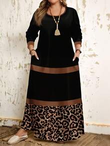 Plus Size Long Sleeve Black Leopard Pattern & Stripes Print Round Neck Dress, - Multicolor - View 1
