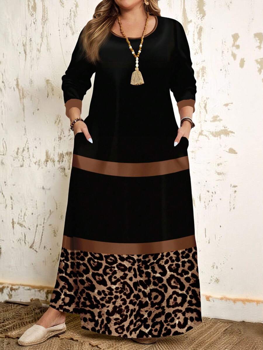 Plus Size Long Sleeve Black Leopard Pattern & Stripes Print Round Neck Dress, - Multicolor - View 1