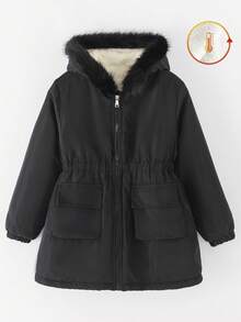 SHEIN Tween Girls' Casual All-Match Versatile Daily School Drawstring Waist Cargo Pocket Fleece Hooded Long Padded Coat, Thick Warm - Multicolor - View 4