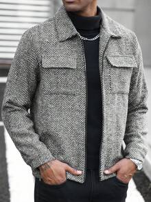 Manfinity Homme 男士人字纹拉链领长袖夹克，秋冬男士衬衫式外套 - 黑與白 - 查看 1