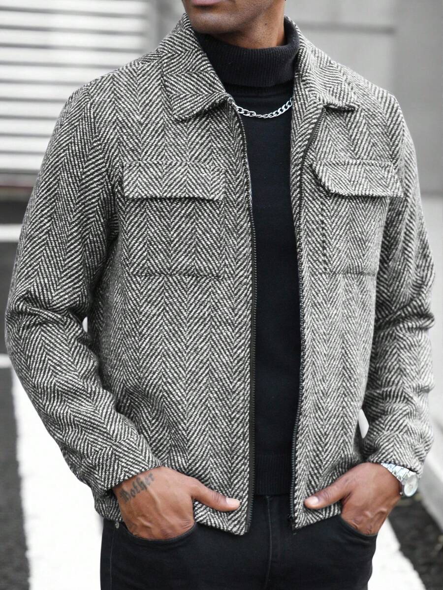 Manfinity Homme 男士人字纹拉链领长袖夹克，秋冬男士衬衫式外套 - 黑與白 - 查看 1