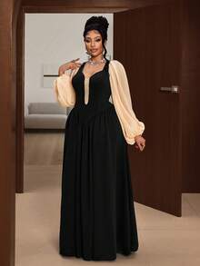 Maweii Robe élégante et sexy grande taille à manches lanternes et blocs de couleur - Noir - Voir 5