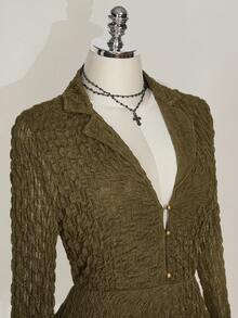SHEIN ICON Plus Size Black Shirt Collar Bell Sleeve Knit Dress, Punk, Music Festival Outfit - Army Green - View 8