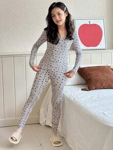 Dazy Kids Tween Girls V-Neck Ditsy Floral Knit Top And Pants Loungewear Set, Autumn - Grey - View 2