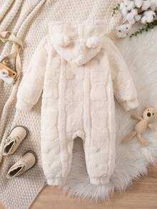 SHEIN Newborn Baby Girl Cute Apricot Fuzzy Cartoon Pattern Hooded Jumpsuit, Autumn/Winter - Multicolor - View 9