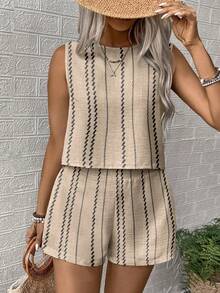 Linhara Plus-Size Ladies' Woven Casual Summer Two-Piece Set - Apricot - View 6