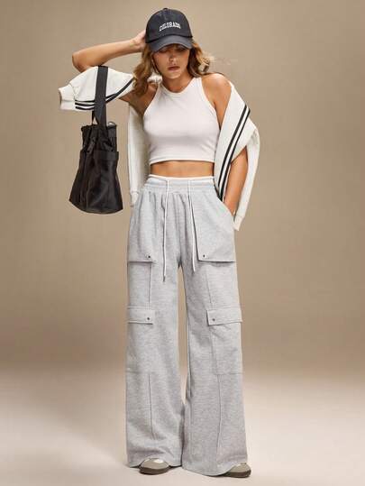 Hanevo 女士时尚休闲美式撞色腰带工装口袋高腰抽绳宽松直筒裤