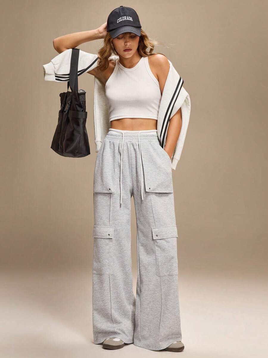 Hanevo 女士时尚休闲美式撞色腰带工装口袋高腰抽绳宽松直筒裤 - 灰色 - 查看 1