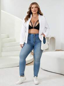 SHEIN CURVE+ Áo hai dây ren cổ chữ V sâu cỡ lớn dành cho nữ - màu đen - Xem 6