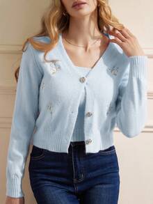 Aveloria Rosie 两件套V领刺绣开衫针织上衣套装，休闲秋季款 - 淺藍色 - 查看 5
