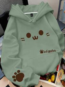 SHEIN MOOSTA Plus Size Women's Cat Paw And Face Print Warm Drawstring Sweatshirt - Olive Green - View 1