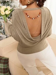 Lounesse Plus Size Fashionable Chain Decor Backless Flare Sleeve T-Shirt, Autumn