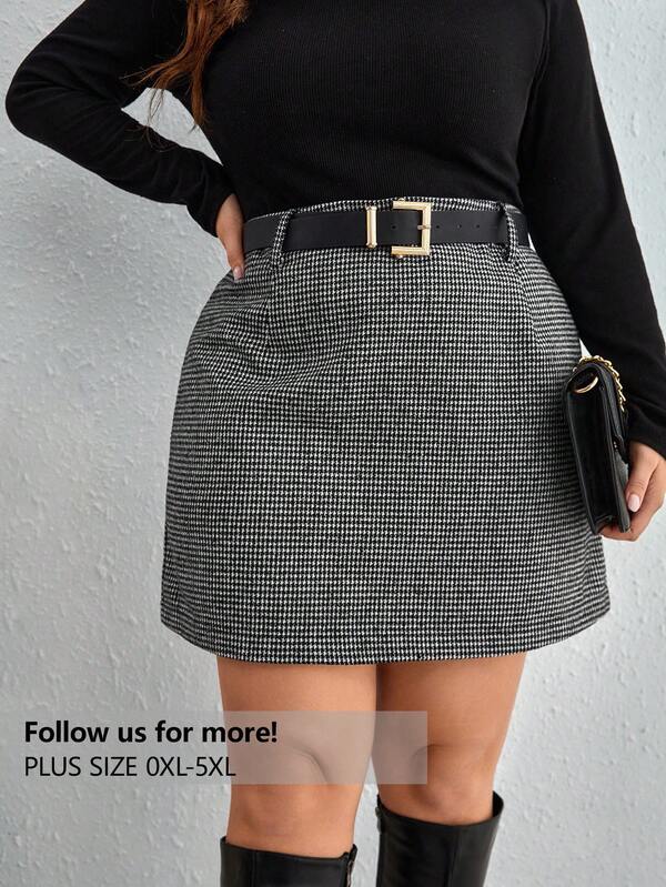Firerie Plus Size Women High Waist Houndstooth Straight Casual Skirt