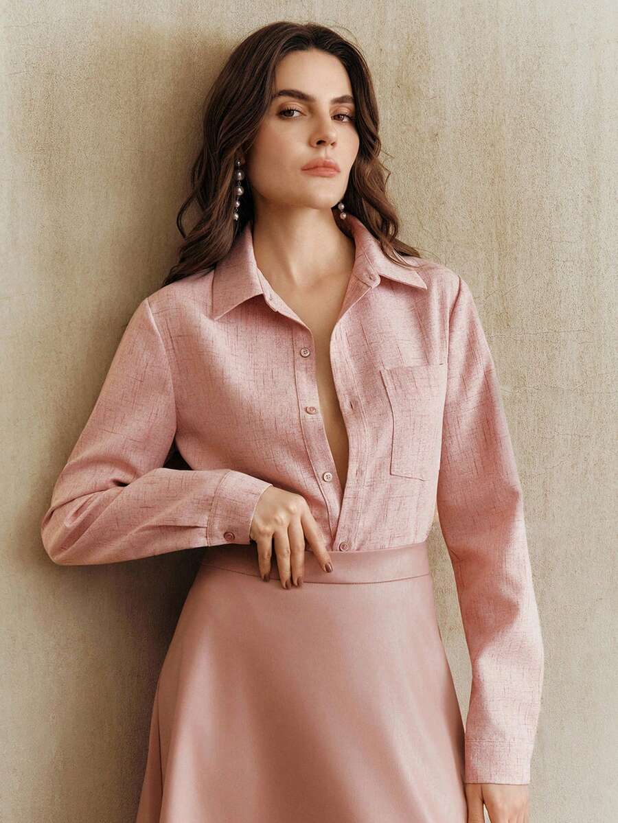 Anewsta Elegant Floral Chiffon Long Sleeve Blouse, Versatile Pink Shirt For Daily Wear - Pink - View 1