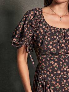 WESTFADE Dark Pink Ditsy Floral Print Scoop Neck Bow Tie Puff Sleeve Shirred Fit & Flare A Line Midi Dress,Summer Cottage Core Tea Party,Boho Coastal Cowgirl - Multicolor - View 4