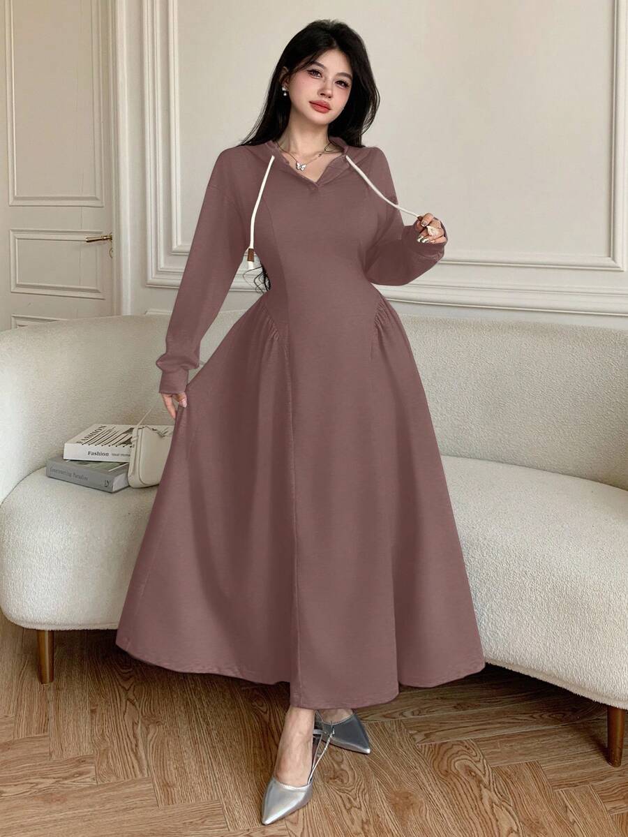 Modelyn 女式休闲连帽抽绳腰部修身灰色运动衫，秋冬 - 咖啡棕 - 查看 1