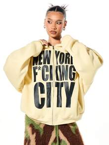 SUMWON WOMEN Boxy Fit Oversized Full Zip Hoodie With Drawstring And New York City Graphic Print For Casual Wear - Yellow - View 1