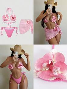 Swim SXY New Fashionable 3pcs/Set 3D Orchid Halter Bikini Top, Tie-Up Triangle Bottoms, Ruffle Mesh Mini Skirt Swimsuit Set (Flower Pattern Random) - Pink - View 4