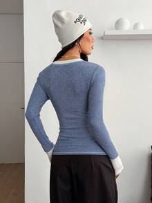 Coolane Women's Winter Streetwear Casual Preppy Vintage Minimalist Basic Rib Knit Warm/ Cold Weather/ Thermal Comfortable Stretchy  Button Down  Blue Long Sleeve T-Shirt - Blue - View 7