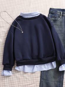 Genkimix Kids 青少年女孩运动衫，休闲学院风百搭，二合一运动衫衬衫领数字和字母印花豹纹宽松版型 - 藏蓝色 - 查看 2