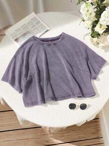 SHEIN EZwear Plus Size Purple Lilac Washed Snow Floral Print Cotton Short Sleeve T-Shirt, Spring