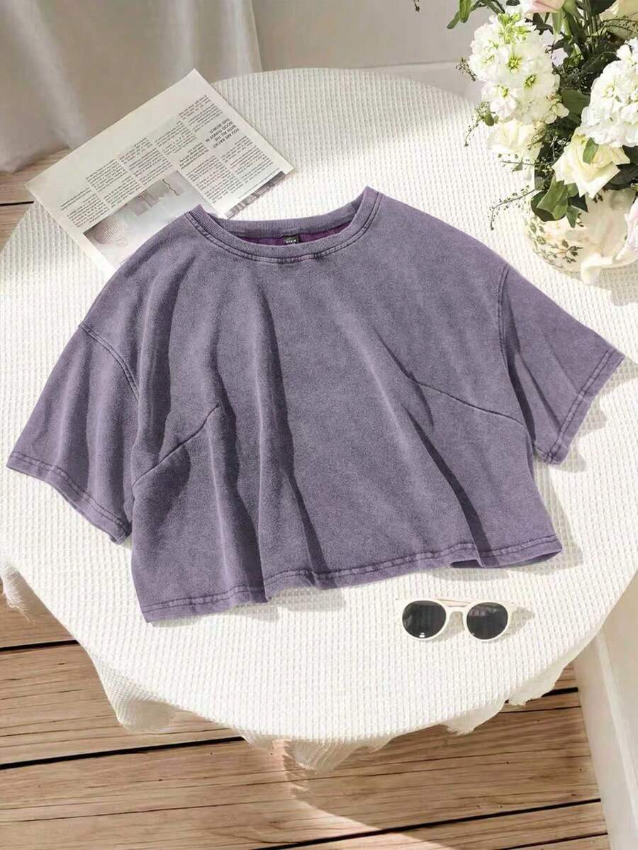 SHEIN EZwear Áo thun cotton tay ngắn họa tiết hoa tuyết tím tử đinh hương cỡ lớn, mùa xuân - Màu Lilac Tím - Xem 1