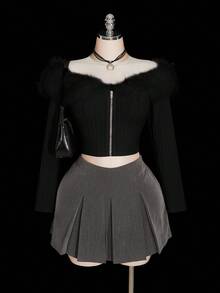 SHEIN ICON Chaqueta corta blanca con hombros descubiertos y ribete de peluche, ropa de mujer de otoño, atuendos de otoño de talla grande - Negro - Ver 4