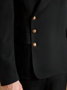 Manfinity Bizformal Men's Solid Color Single-Breasted Suit Set, Lapel, Men's 2 Pieces Suit, Wedding Suit, Can Be Easily Matched With Wedding, Party, Business, Graduation Ceremony, Date, Work, Meeting, Ball And Other Formal Business Suits (Suit Jacket And Trousers), A Great Gift For Friends, Fathers, Brothers And Sons Men S Jacket Suit Double Breasted Blazer Men Men Blazer Suit Black And Gold Men Suit Men Double Breasted Suit - Black - View 3