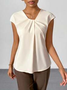 Firerie Plus Size Women Minimalist Elegant Commute Solid Color Covered Sleeve Pleated Round Neck Fitted Short Sleeve Blouse - Apricot - View 6