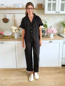 Snug Reverie Frilly Detail Button-front Pajama Set With Front Pockets - Black - View 5