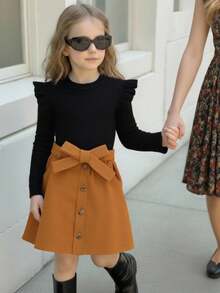 SHEIN Tween Girl Ribbed Knit Ruffle Trim Tee & Cord Belted Skirt