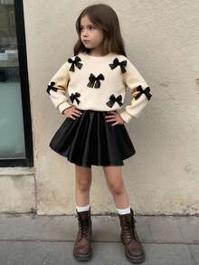 Set de 2 piezas: Blusa de manga larga con cuello redondo y decoración de moño 3D negro para niñas pequeñas, combinada con falda negra, estilo académico dulce y versátil, moda retro para otoño/invierno - Albaricoque - Ver 8