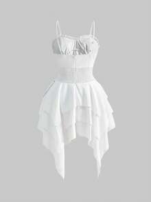 ROMWE Váy nữ cổ điển Gothic có dây thắt lưng kim loại có thể tháo rời, viền xếp lớp không đối xứng - trắng - Xem 2